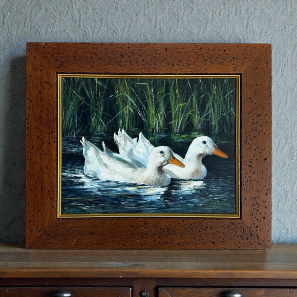Original Oil Painting Signed J. Chavez Ducks On Water FramedRustic Artwork